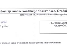 Dopis IMK “Kula” d.o.o. Gradačac povodom izjave malih udjeličara Kula doo Gradačac