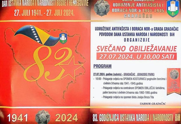 Sutra obilježavanje 83. godišnjice ustanka naroda BiH protiv fašizma